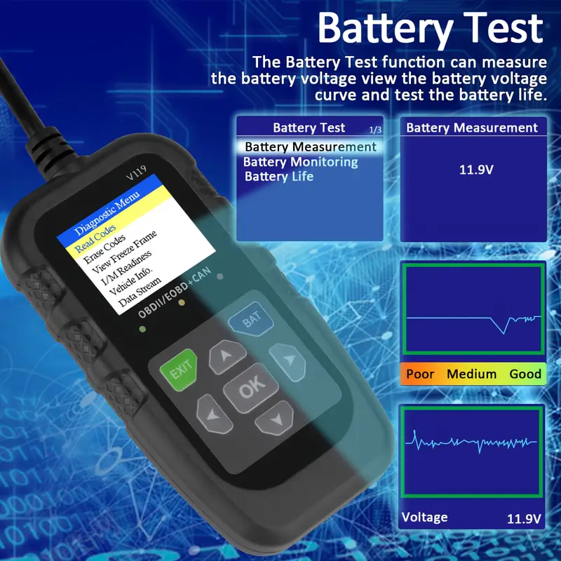 V119 OBD2 Scanner Code Reader  - Power Supply Tester recension och pris